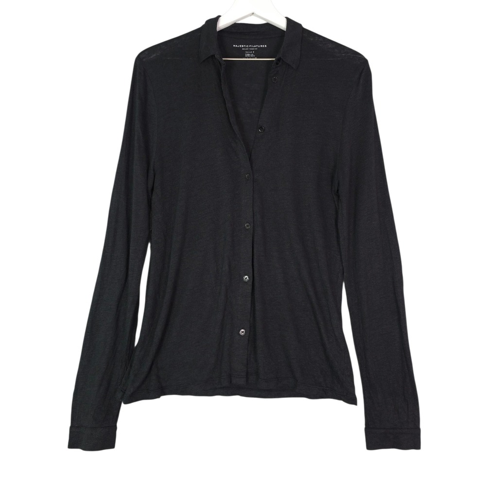 Majestic Filatures Button-Up Shirt Womens Sz Small Vneck Black Linen Silk LS